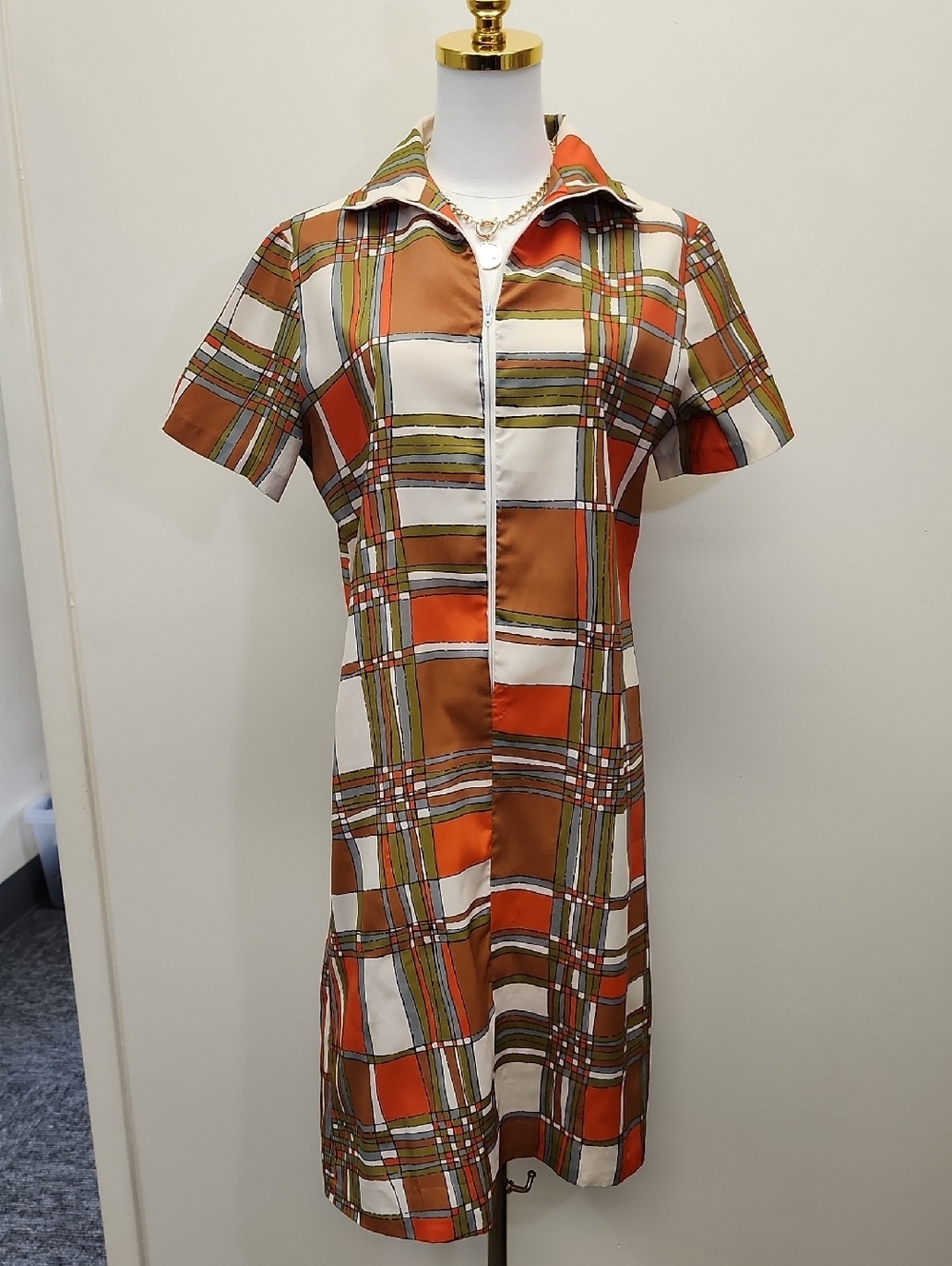 Fritzi Vintage Plaid Shirt Dress Orange Zip Front Size Medium